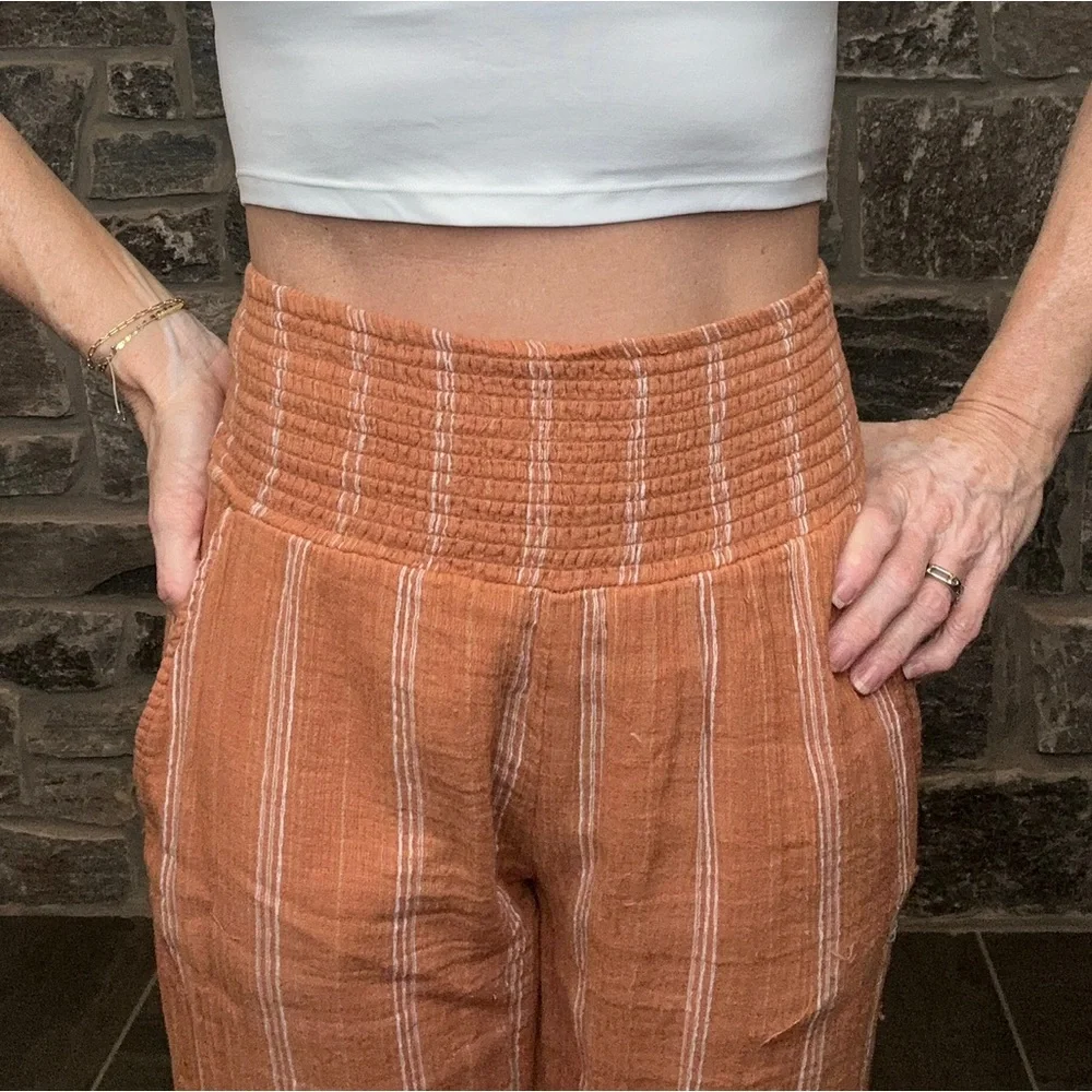 Billabong New Waves Smocked High-Waist Copper Color Striped Pants Soft & Flowing - Picture 7 of 12